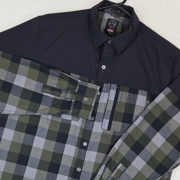 Wrangler Other - Wrangler ATG Shirt Mens L Green Plaid Flannel‎ Hybrid Utility Trekking Yoke